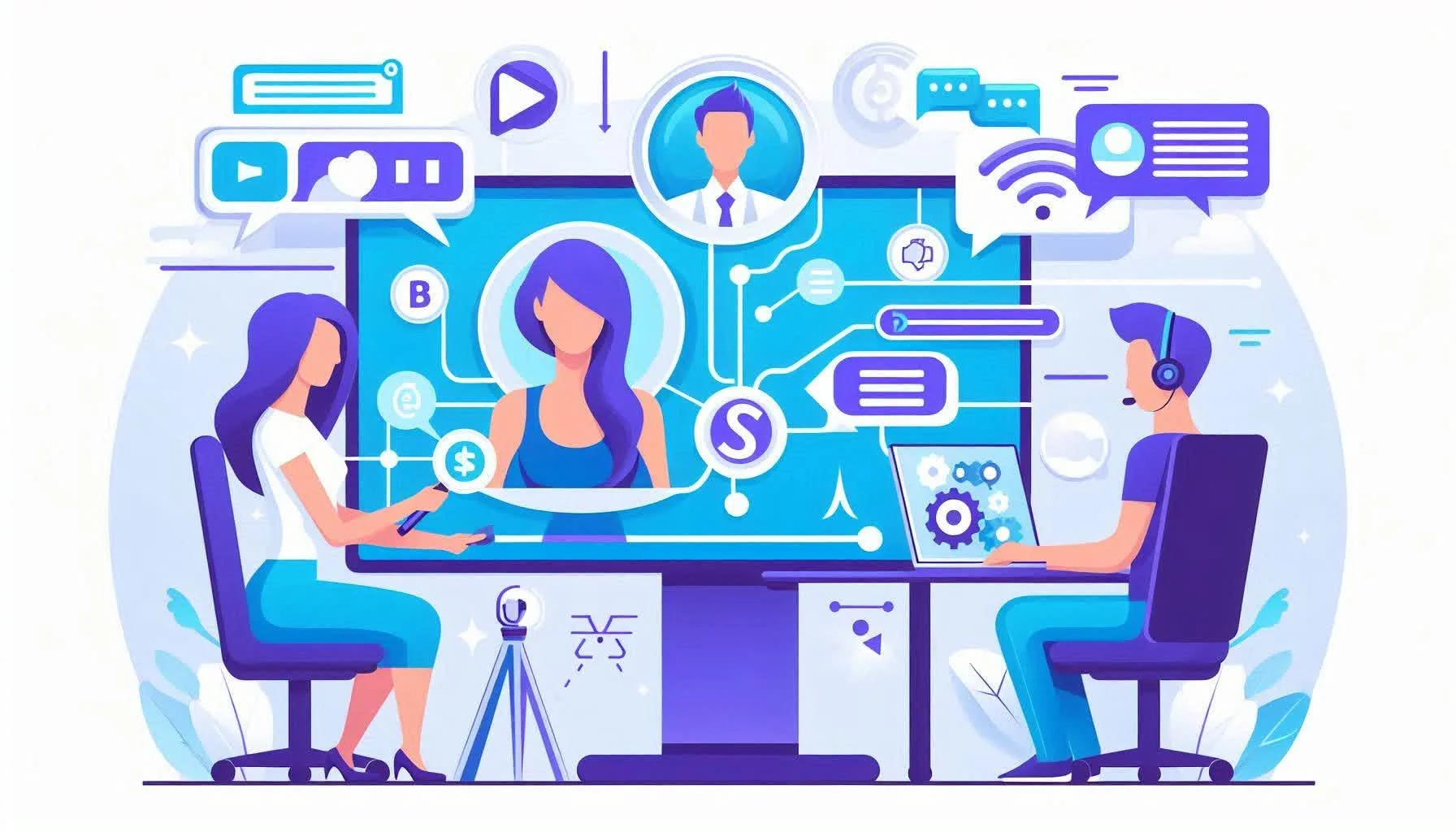 Схема как работает вебкам: модель с веб-камерой, зритель и чат с токенами между ними